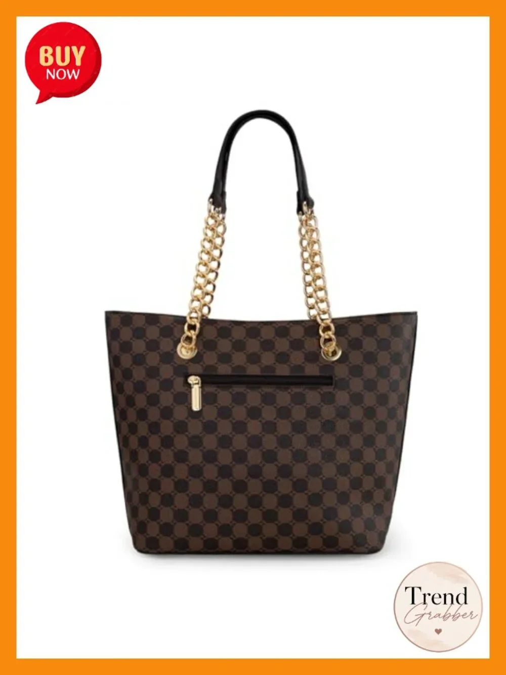 Faux Leather Chain Handle Satchel Tote Bag with Pockets